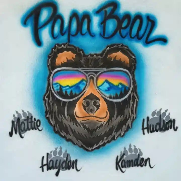 Custom airbrush-style bear graphic with the text 'Papa Bear' at the top, a bear head wearing rainbow-lens sunglasses, and four names around it with paw prints: Mattie, Madison, Hudson, and Camden.