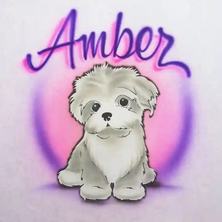 Cute puppy design featuring a fluffy white dog sitting in front of a pink and purple color fade, with the name 'Amber' written in purple script at the top.