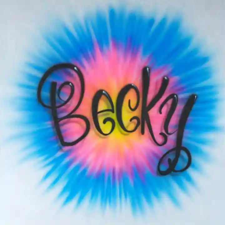 A circular tie-dye design with blue, pink, and yellow radial streaks on a white background, overlaid with the word 'Becky' in large black cursive lettering.