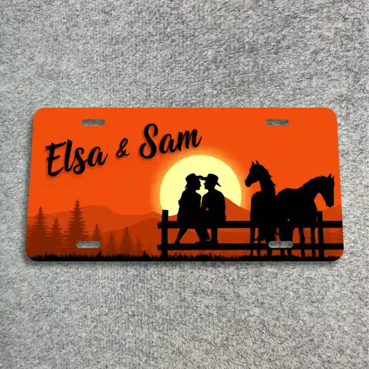Couple on fence with horses License Plate CLP_278