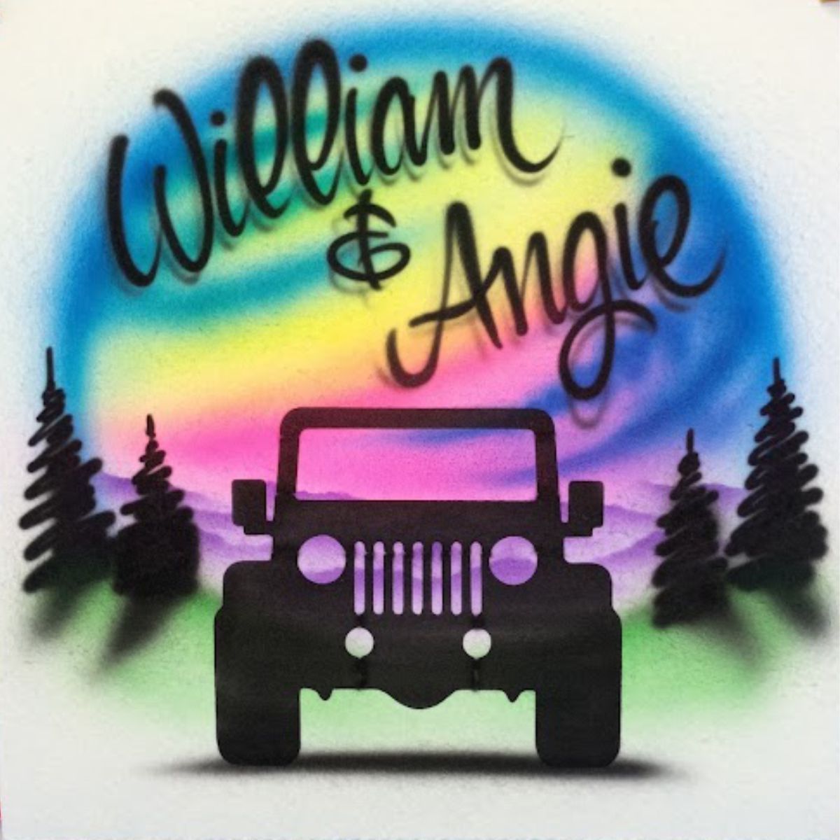 Airbrushed design featuring a black silhouette of a Jeep with pine trees and a rainbow gradient sky. The names 'William & Angie' are written in black script across the top.