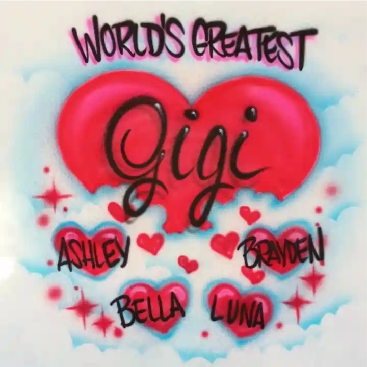 A graphic featuring a large red heart in the center with the name 'Gigi' written across it in black script. The top reads 'WORLD'S GREATEST' in black with pink outline, and smaller names 'ASHLEY', 'BRAYDEN', 'BELLA', and 'LUNA' are placed around smaller red hearts and sparkles.