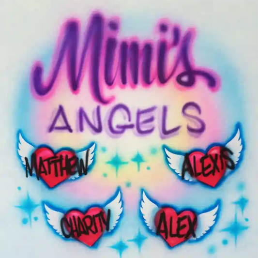 Custom airbrushed design on a light blue, pink and yellow gradient background, featuring the text 'Mimi's Angels' in purple and pink, four red hearts with white wings, and the names Matthew, Alexis, Charity, and Alex written in black.