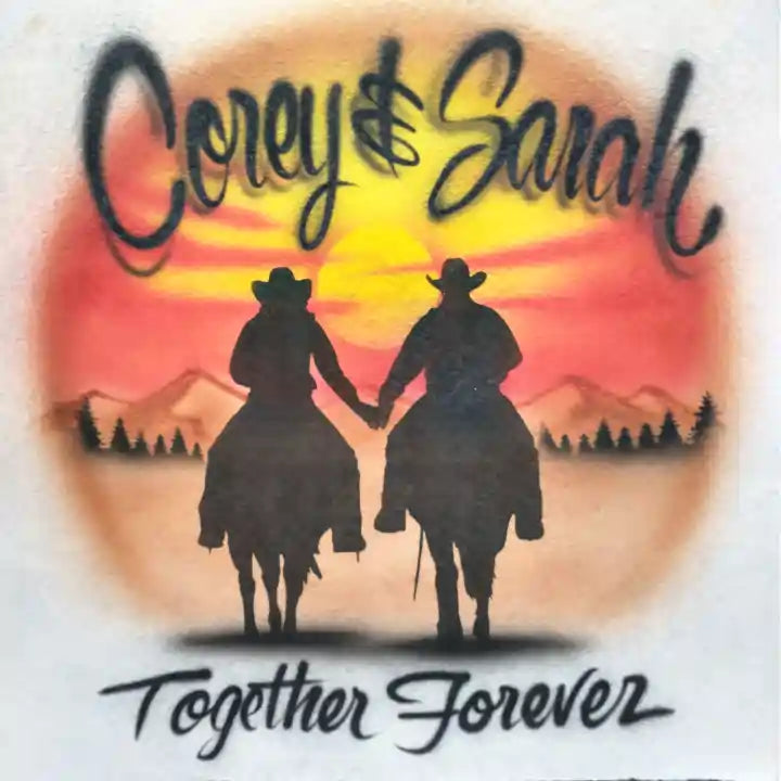 western-themed couple's design featuring silhouettes of a cowboy and cowgirl on horseback holding hands, set against a vibrant orange, yellow, and red sunset with mountains in the background. The text 'Corey & Sarah' is written at the top and 'Together Forever' at the bottom in black script.
