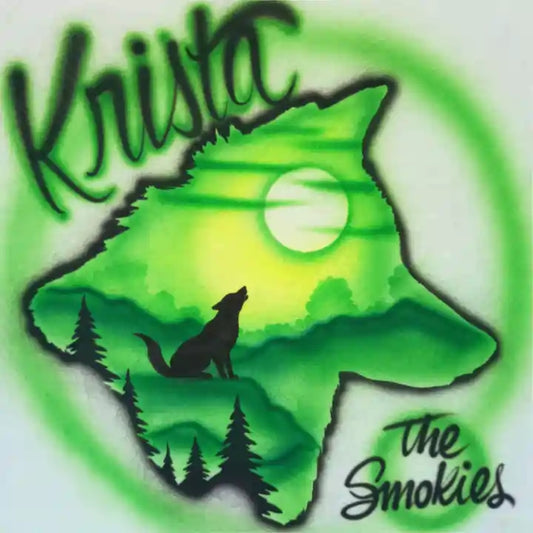 Custom airbrushed design featuring the name 'Krista' in black script over a green wolf silhouette filled with a yellow-green moon and forest scene, with 'The Smokies' written in black script at the bottom right.
