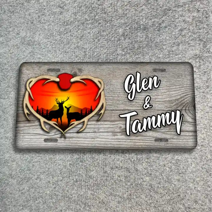 Deer Heart Scene on woodgrain couples License Plate CLP_116