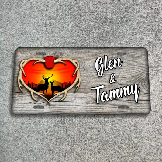Deer Heart Scene on woodgrain couples License Plate CLP_116