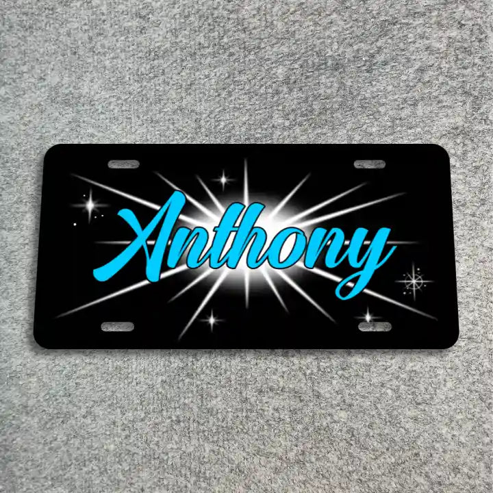 Blue name on white/black burst License Plate CLP_126