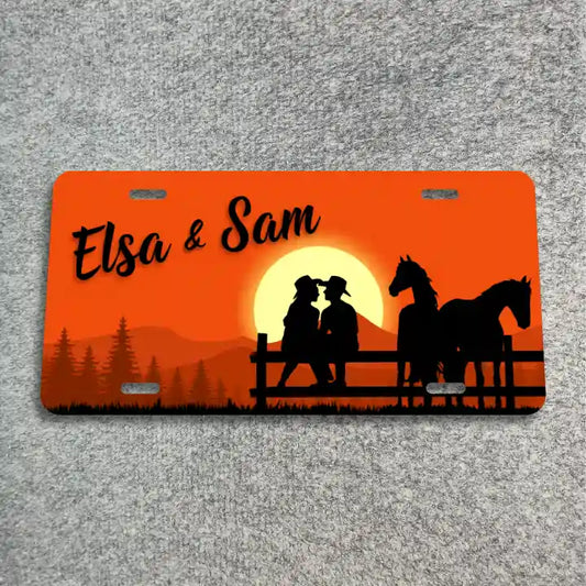 Couple on fence with horses License Plate CLP_278